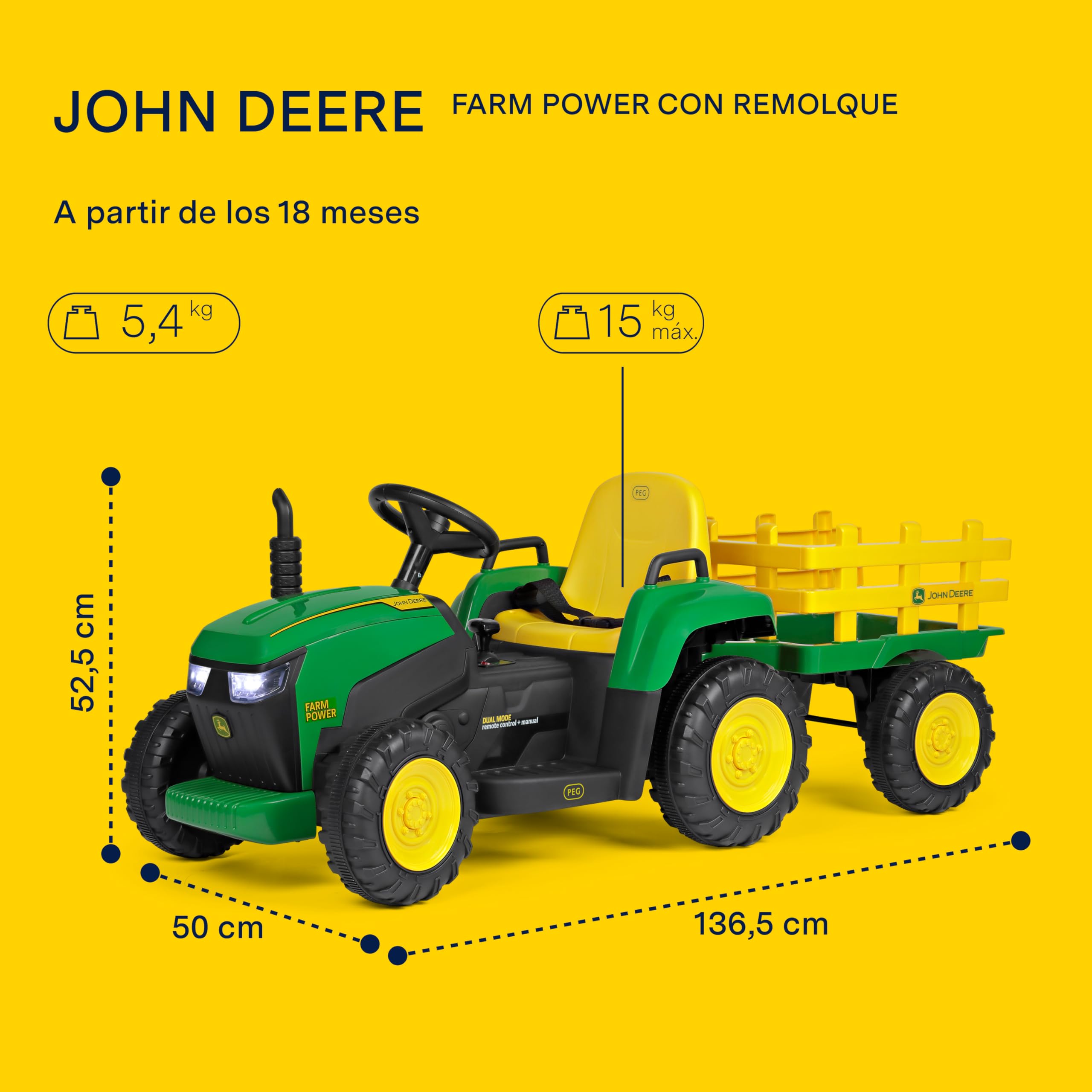 peg-perego-john-deere-farm-power-tractor-tractor-el-ctrico-12v-con-mando-a-dista image 2